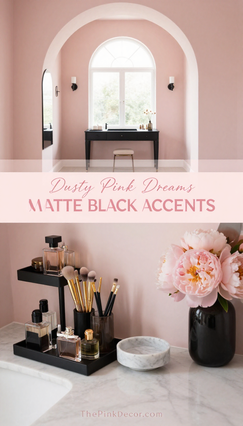 Dusty Pink Archway Vanity Alcove with Matte Black Accents - Dressing Room - The Pink Decor