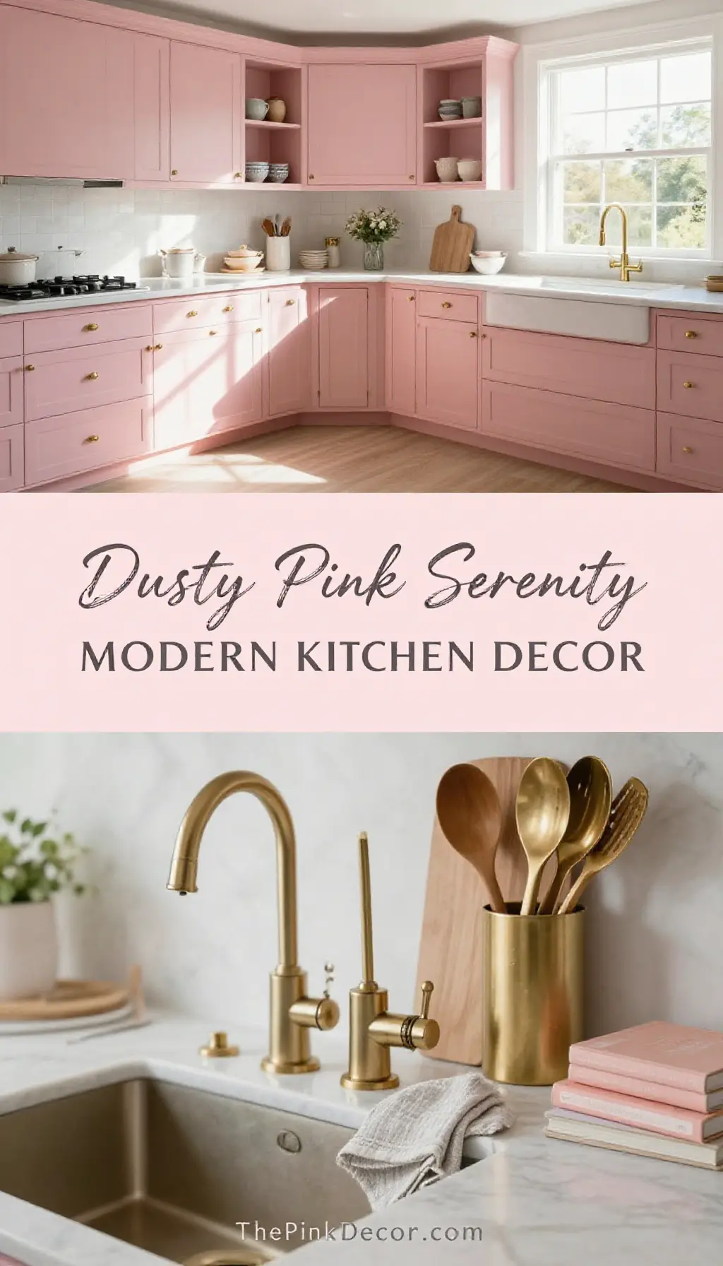 Dusty Pink Cabinets with Brass Hardware Kitchen Decor - Kitchen - The Pink Decor