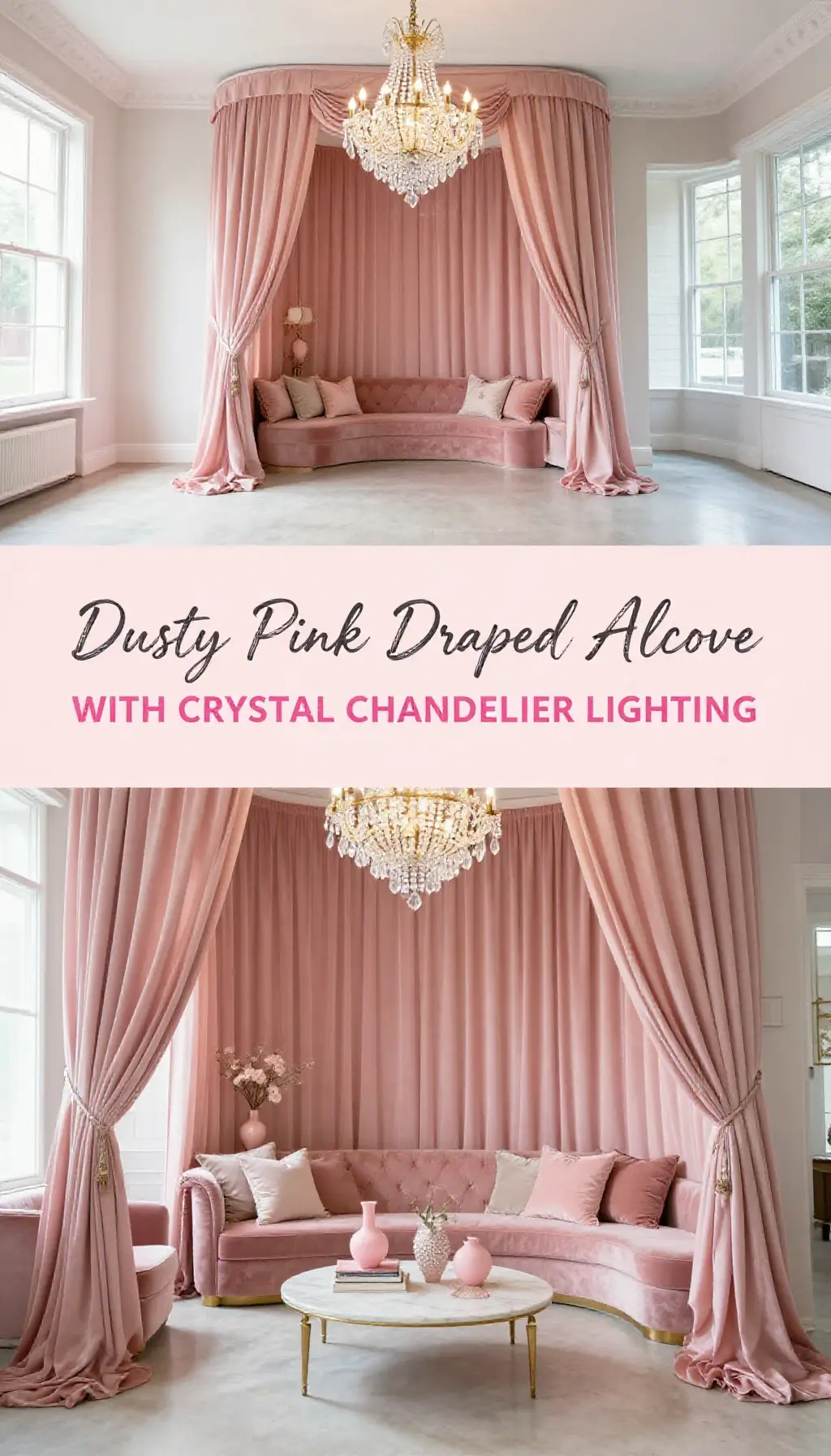 Dusty Pink Draped Alcove with Crystal Chandelier Lighting - Dressing Room - The Pink Decor