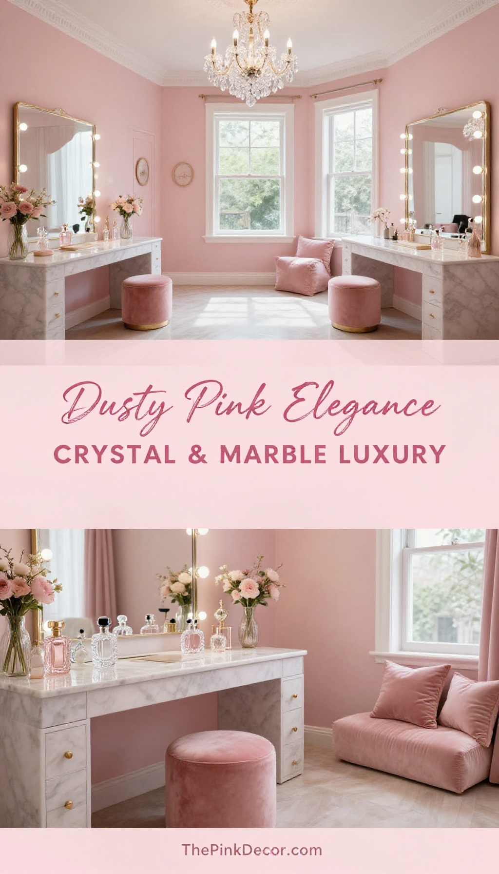 Dusty Pink Dressing Room with Crystal Chandelier and Marble Surfaces - Dressing Room - The Pink Decor