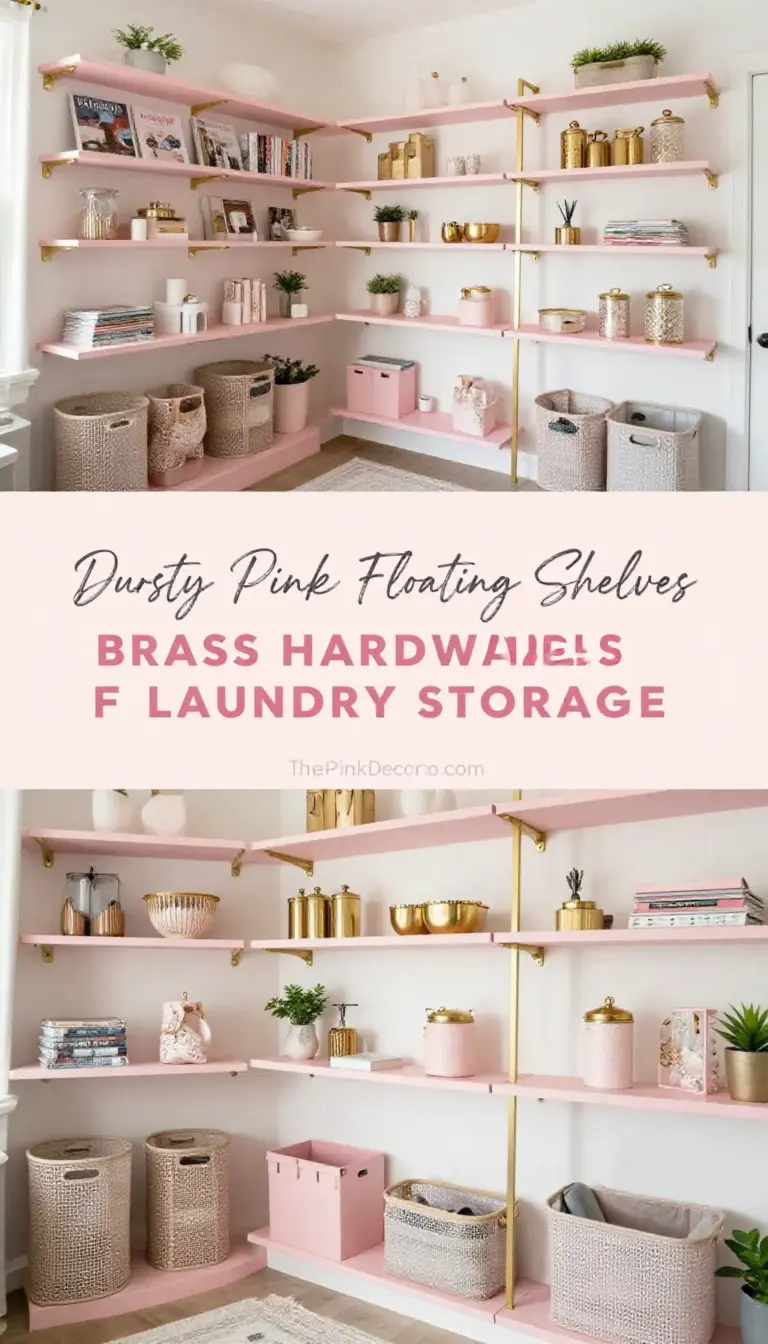 Dusty Pink Floating Shelves with Brass Hardware for Laundry Storage - Laundry Room - The Pink Decor