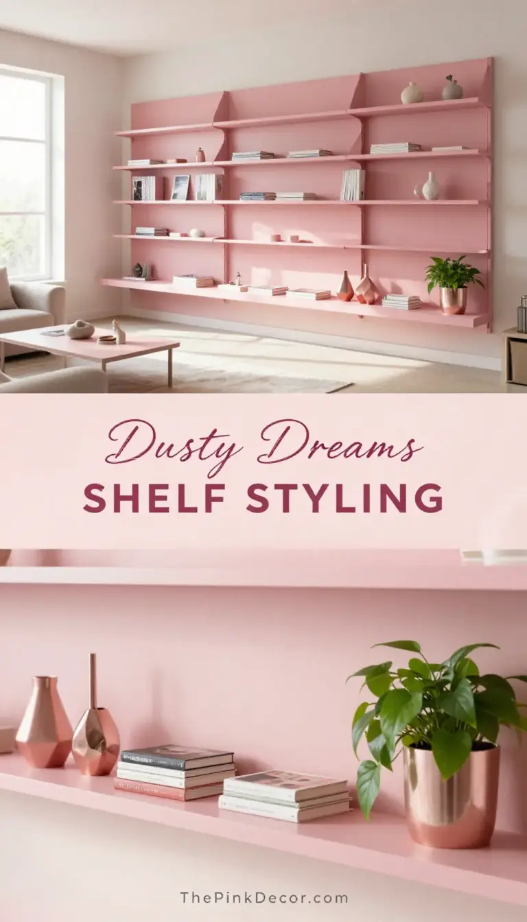 Dusty Pink Floating Shelves with Rose Gold Accents - Laundry Room - The Pink Decor