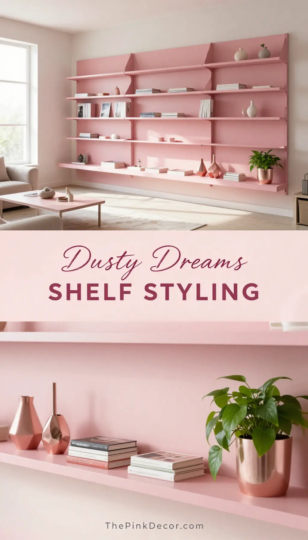 Dusty Pink Floating Shelves with Rose Gold Accents - Laundry Room - The Pink Decor