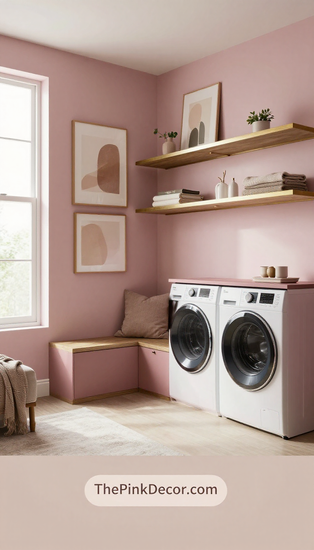 aesthetic dusty pink laundry room decor ideas with brass fixtures and modern storage - Complete View Complete Laundry Room with pink decor elements