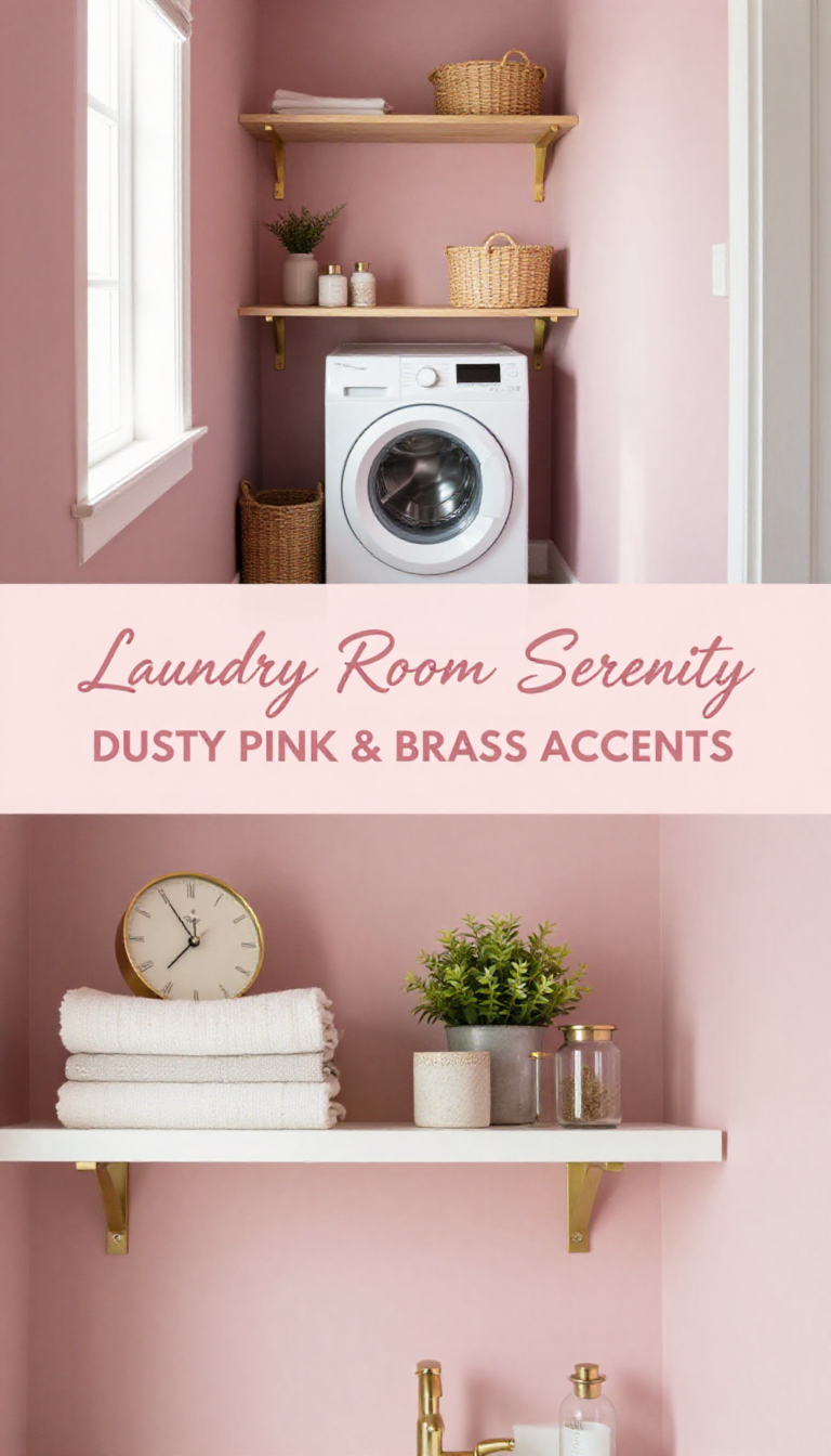 Dusty Pink Laundry Nook with Floating Shelves and Brass Accents - Laundry Room - The Pink Decor