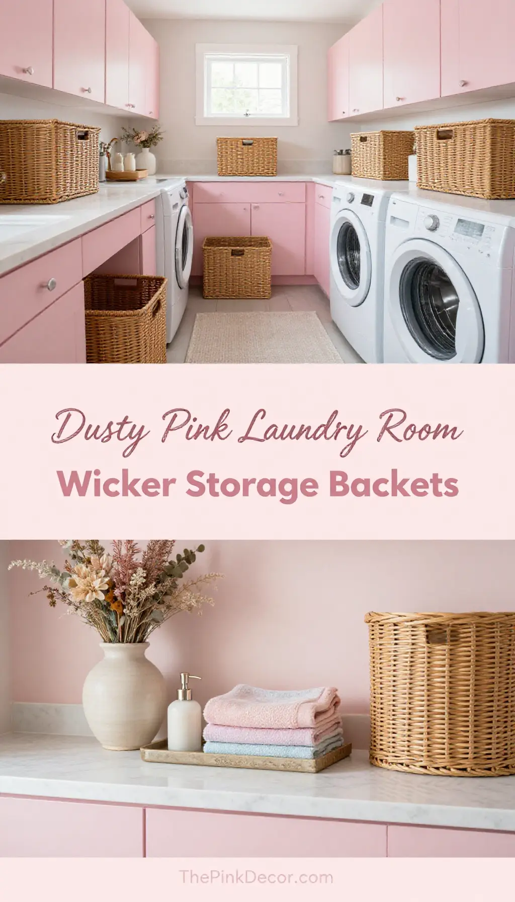 Dusty Pink Laundry Room with Wicker Storage Baskets - Laundry Room - The Pink Decor