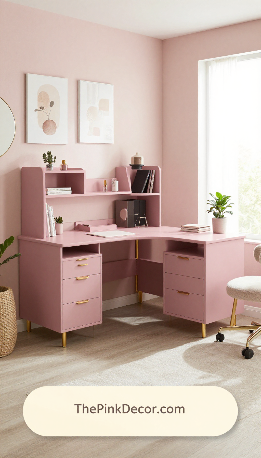Complete Home Office with pink decor elements