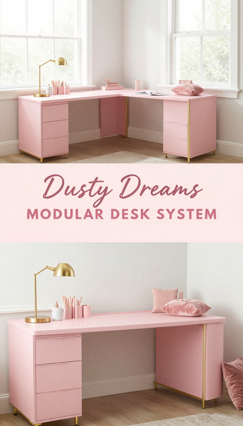Dusty Pink Modular Desk System with Gold Accents - Home Office - The Pink Decor
