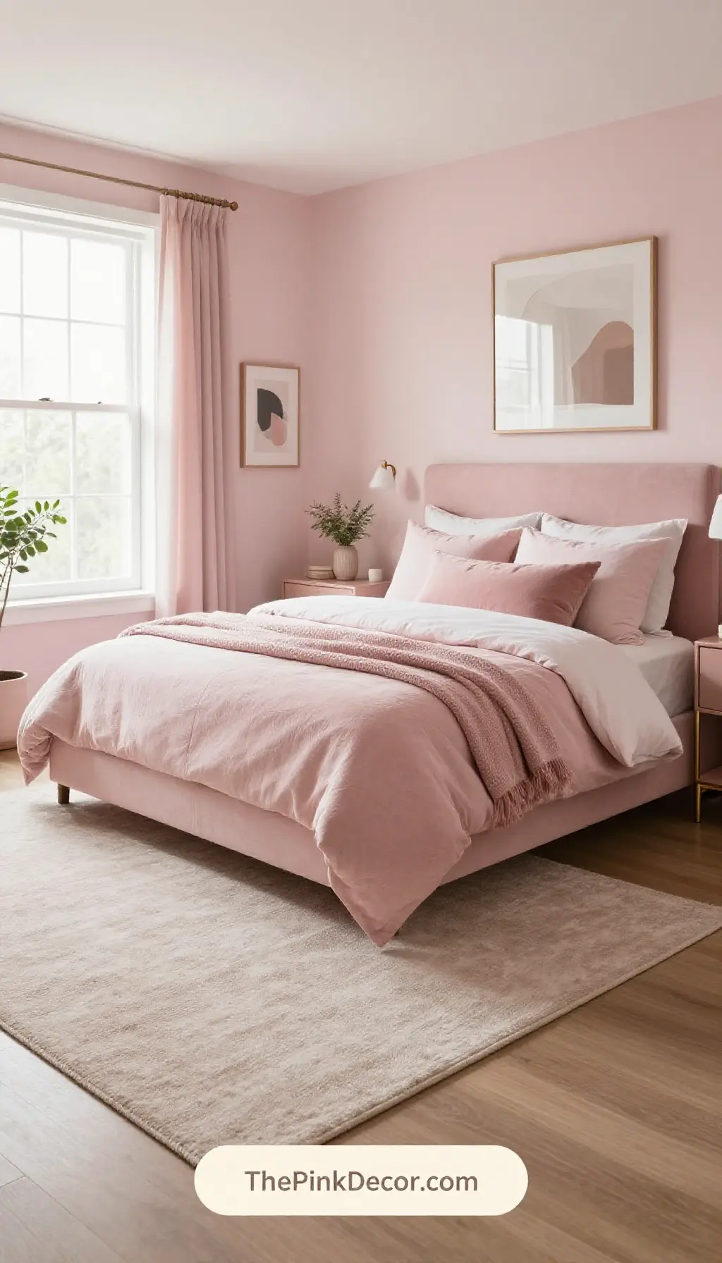 Complete Bedroom with pink decor elements including textured bedding, layered rugs, and velvet headboard