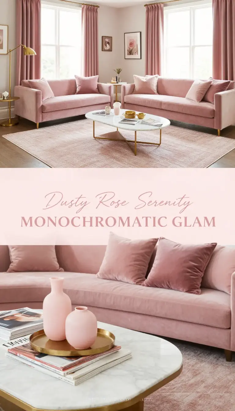 Dusty Pink Monochromatic Living Room with Metallic Highlights - Living Room - The Pink Decor