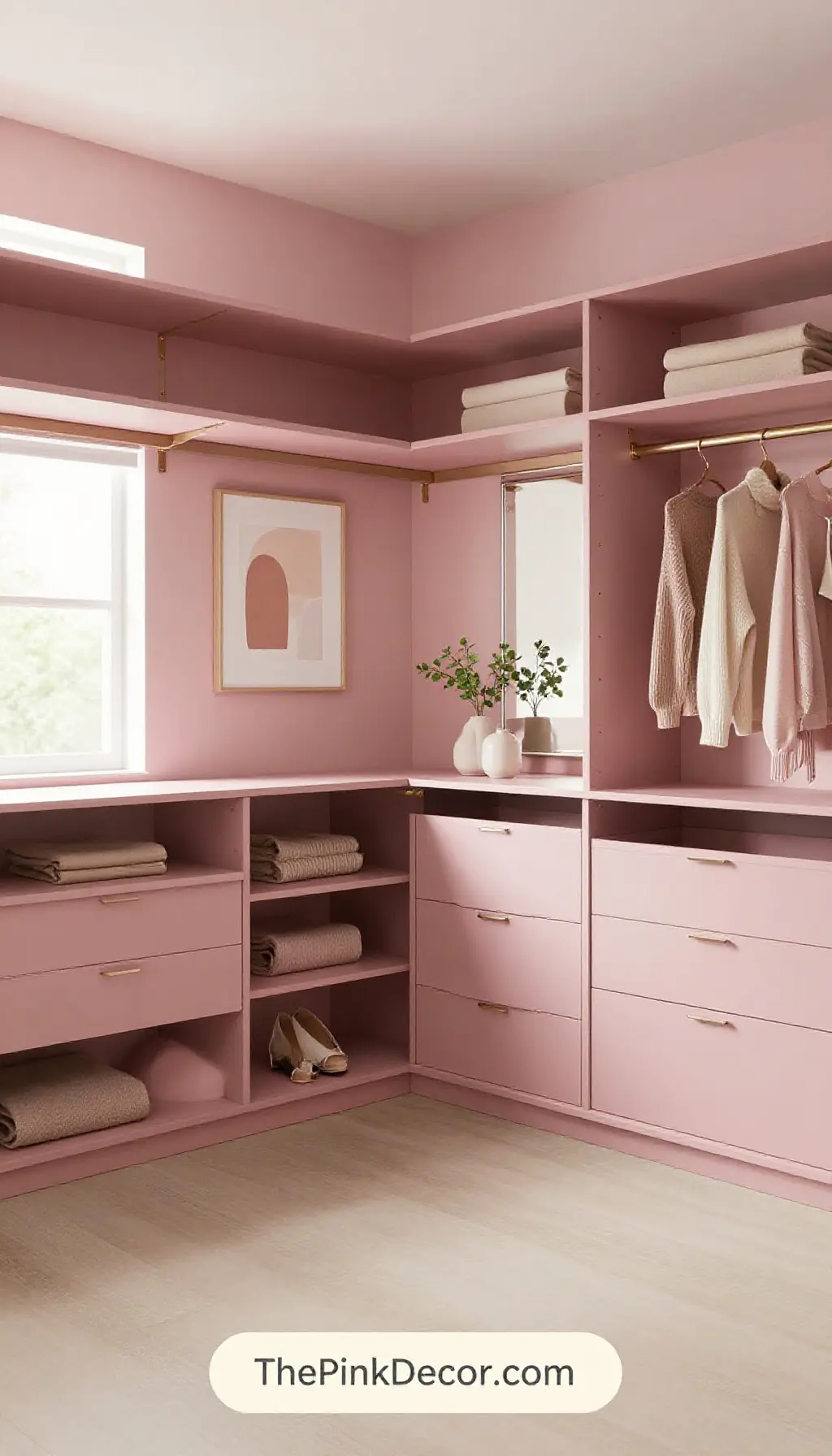 modern dusty pink closet decor ideas with matching storage bins and hangers - Complete View Complete Closet with pink decor elements including matching storage bins and hangers