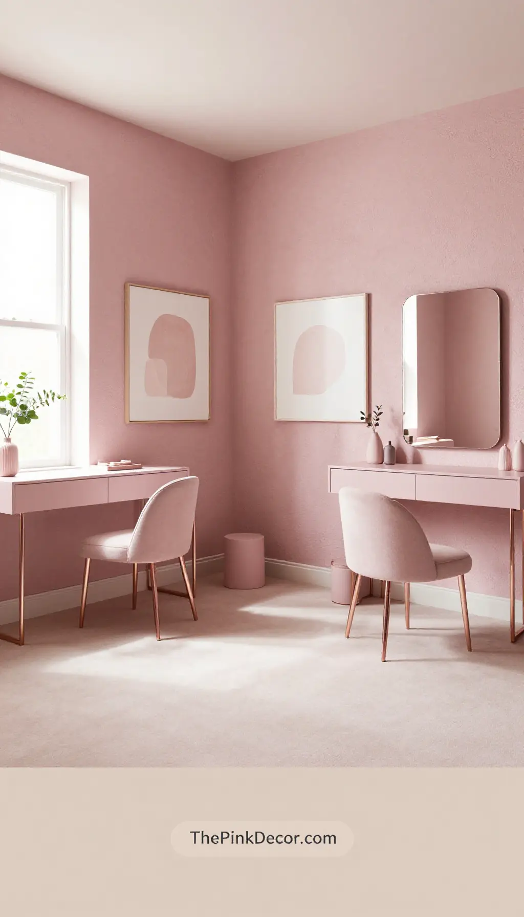 Complete modern dusty pink dressing room with textured plaster walls, brass hardware, and velvet seating