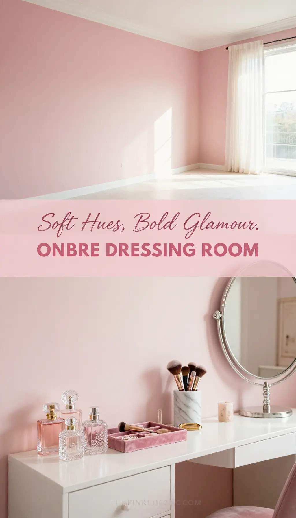 dusty pink ombre dressing room wall decor with crystal accents and gold hardware - Featured Design Dusty Pink Ombre Dressing Room Wall with Crystal Accents - Dressing Room - The Pink Decor