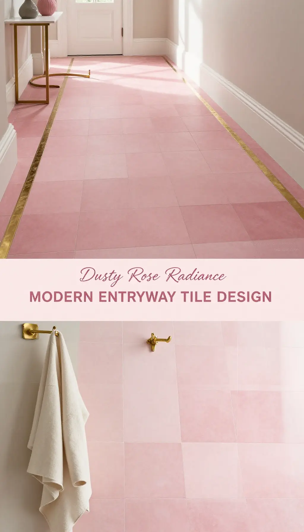 Dusty Pink Ombre Entryway Floor Tiles with Brass Accents - Entryway - The Pink Decor