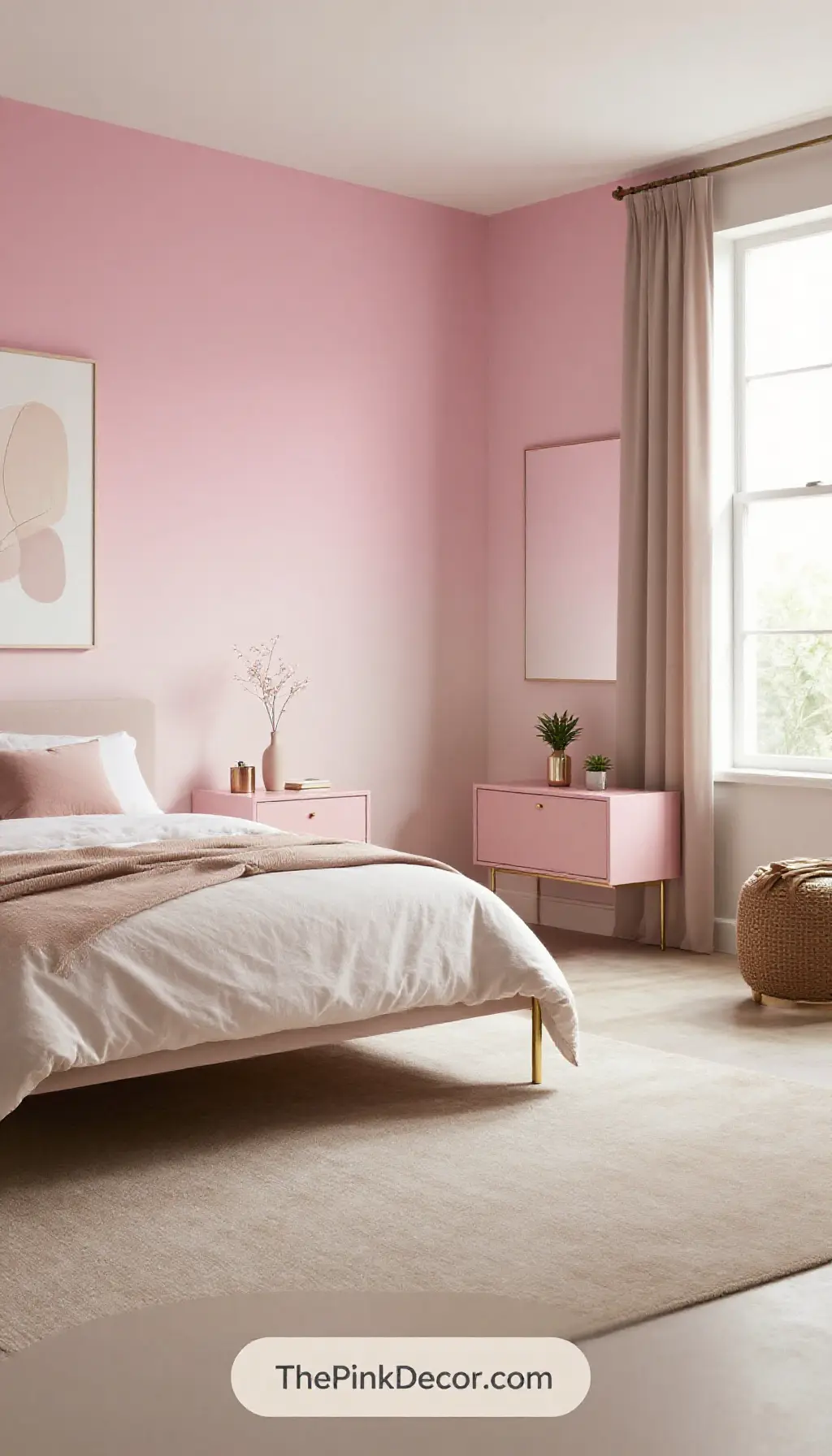 dusty pink ombre wall and floating nightstands bedroom pink decor idea - Complete View Complete Bedroom with pink decor elements
