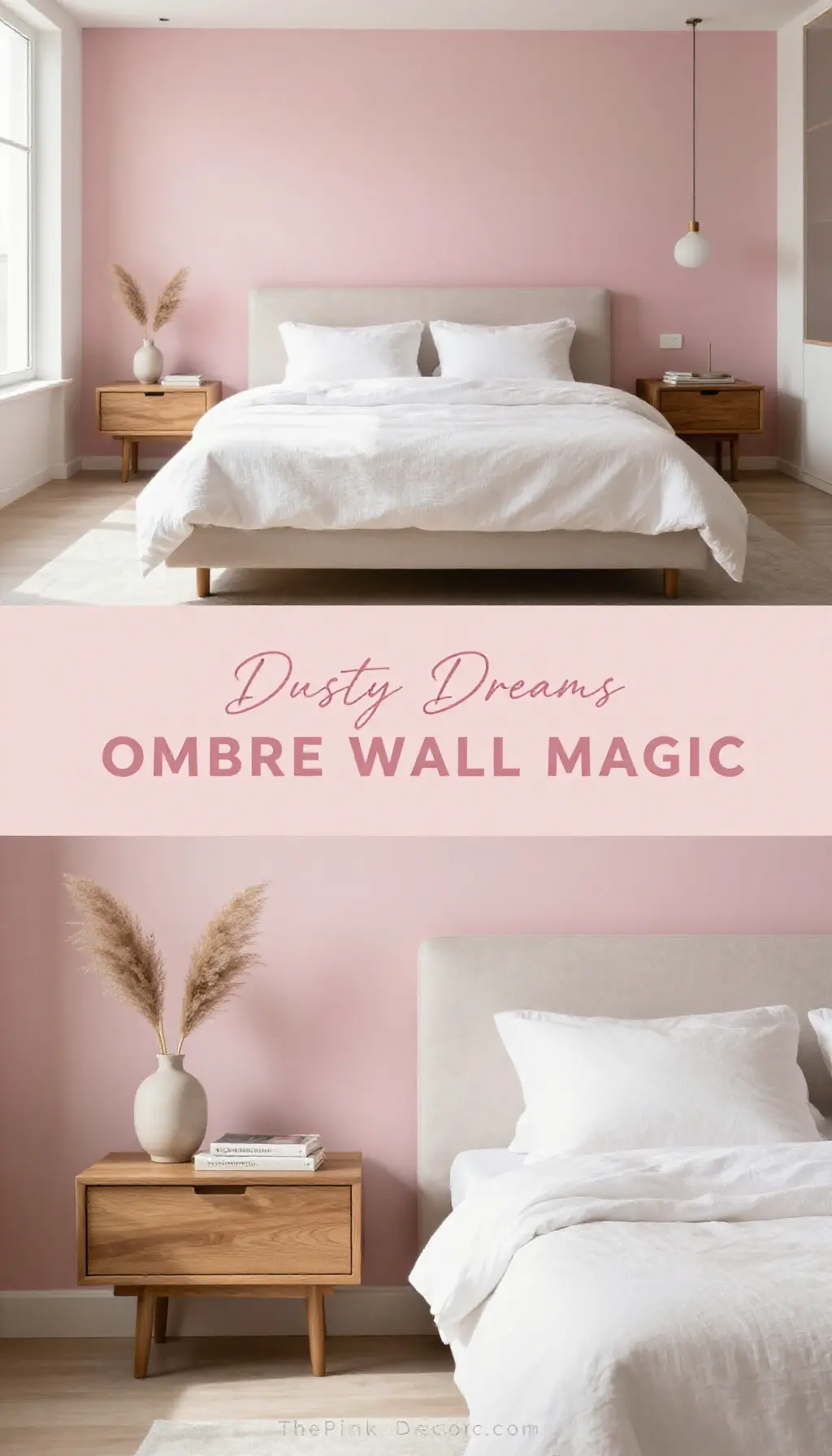 dusty pink ombre wall and floating nightstands bedroom pink decor idea - Featured Design Dusty Pink Ombre Wall with Floating Nightstands - Bedroom - The Pink Decor