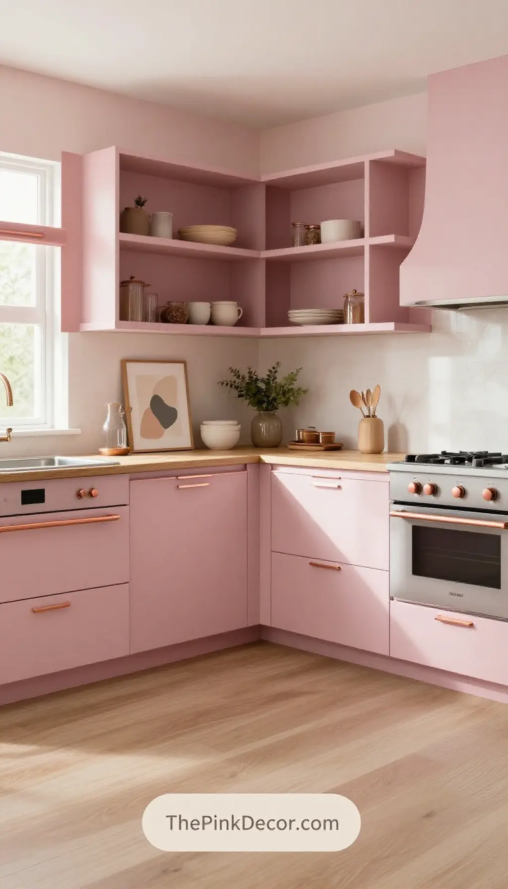 modern dusty pink open shelving kitchen decor ideas with copper accents - Complete View Complete kitchen design with dusty pink open shelving and copper hardware accents
