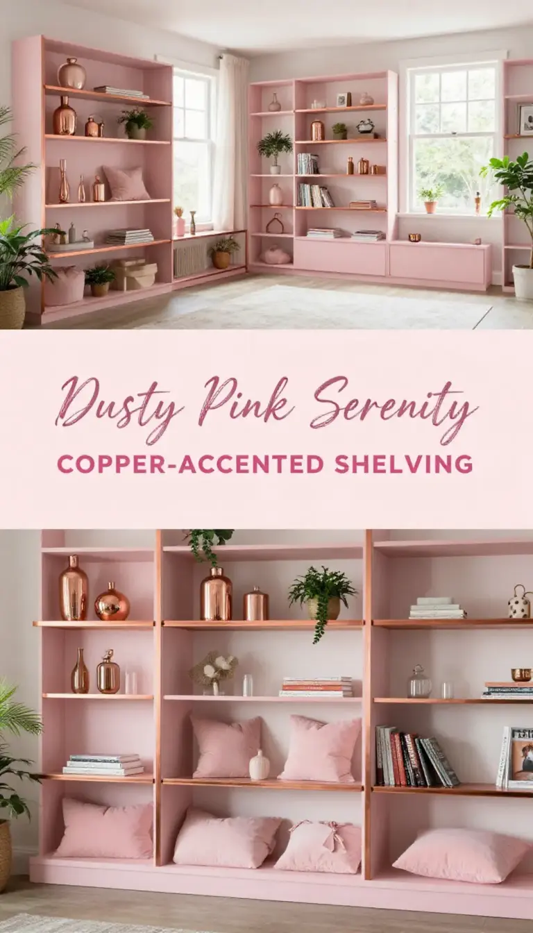 Dusty Pink Open Shelving with Copper Accents - Kitchen - The Pink Decor
