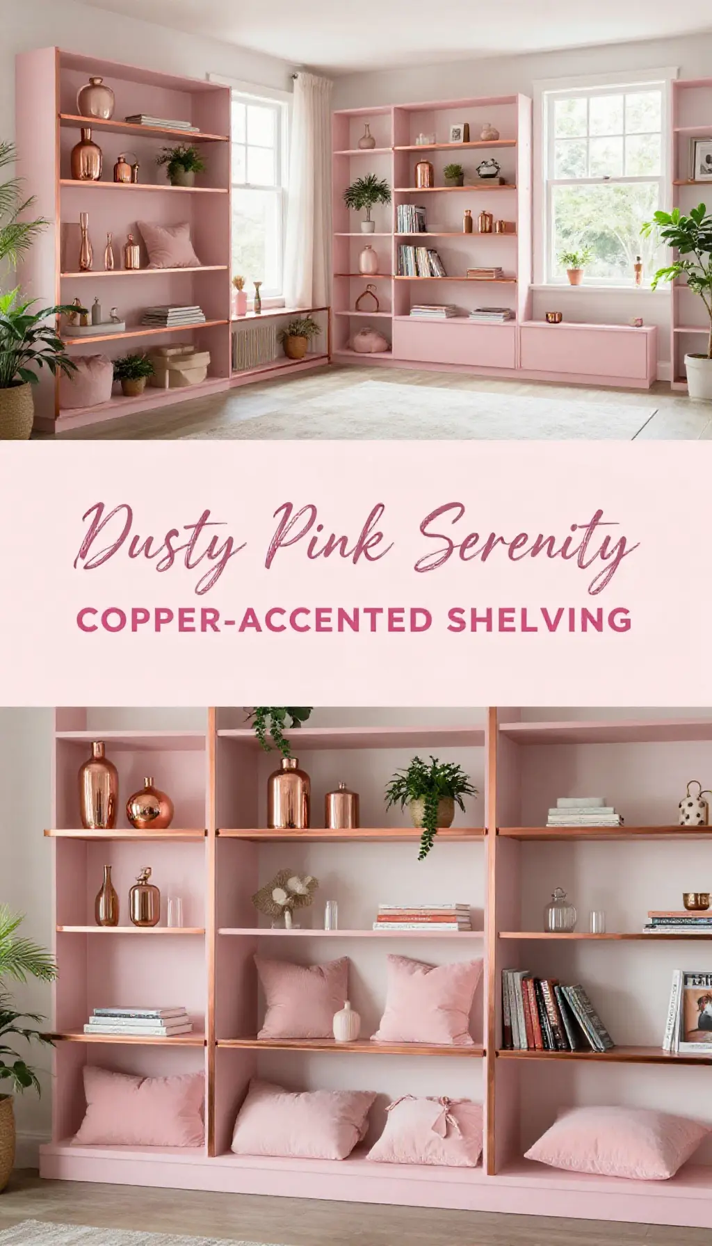 modern dusty pink open shelving kitchen decor ideas with copper accents - Featured Design Modern dusty pink open shelving with copper accents in a contemporary kitchen design