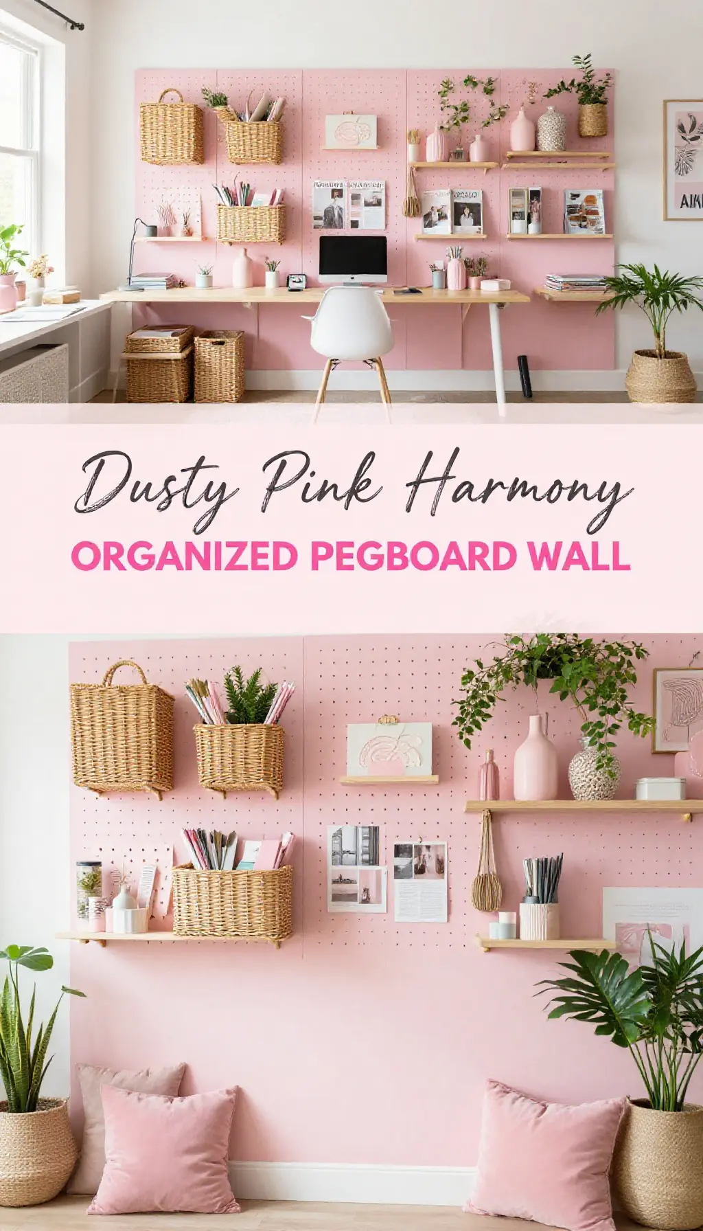 Dusty Pink Pegboard Organization Wall with Wicker Baskets - Laundry Room - The Pink Decor