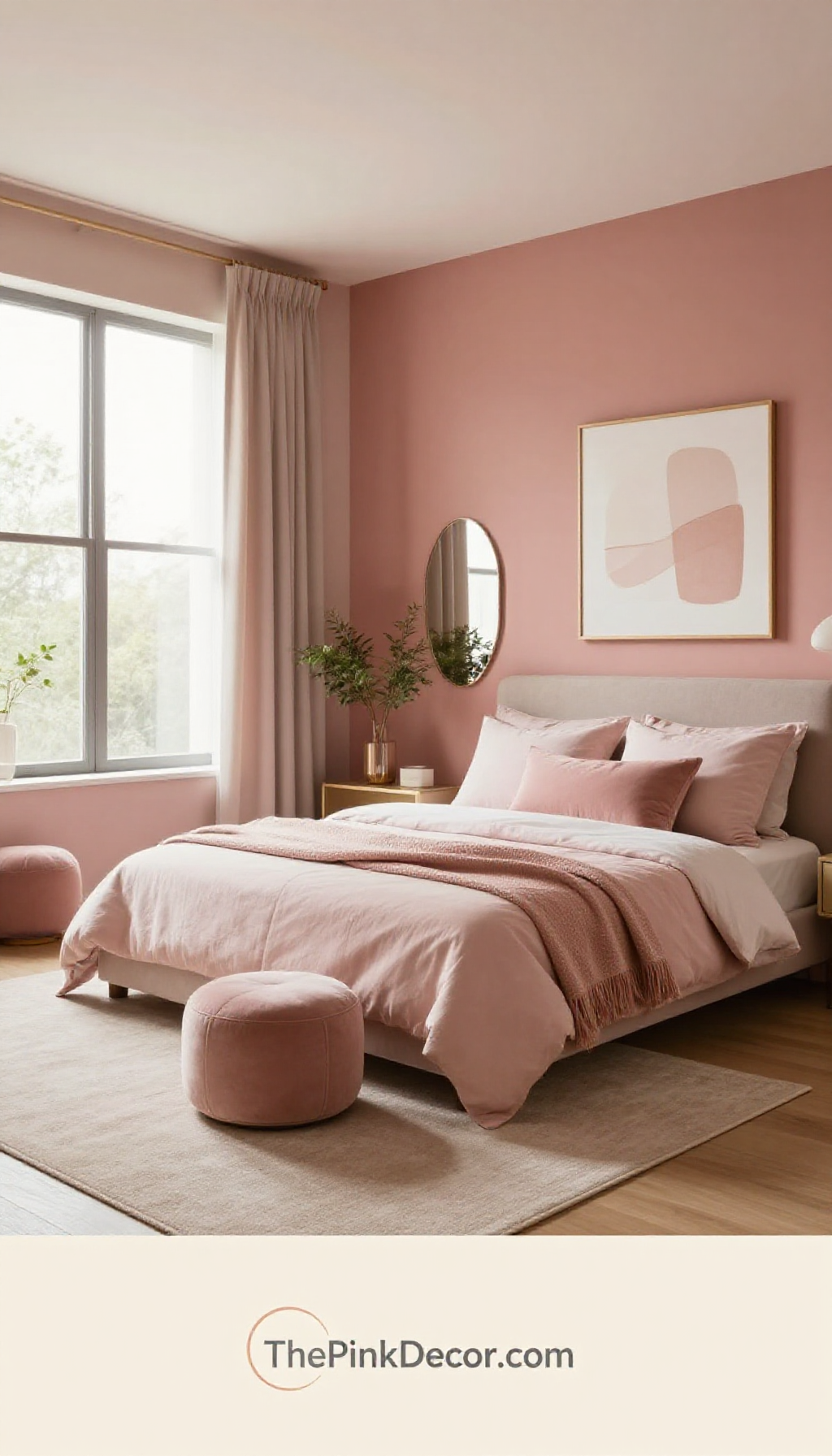 Complete bedroom with dusty pink decor and terracotta accent wall design ideas