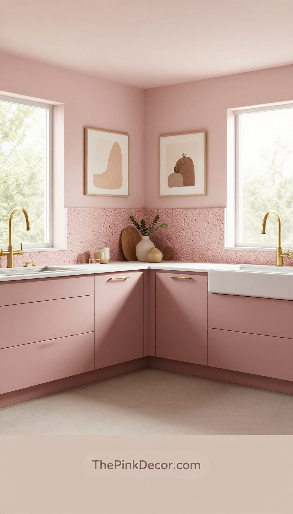 Complete Kitchen with pink decor elements and terrazzo backsplash