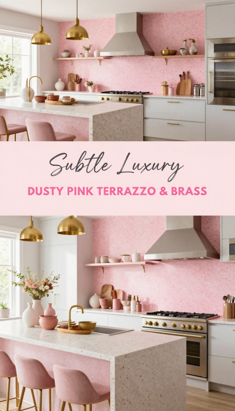 Dusty Pink Terrazzo Backsplash with Brass Fixtures - Kitchen - The Pink Decor