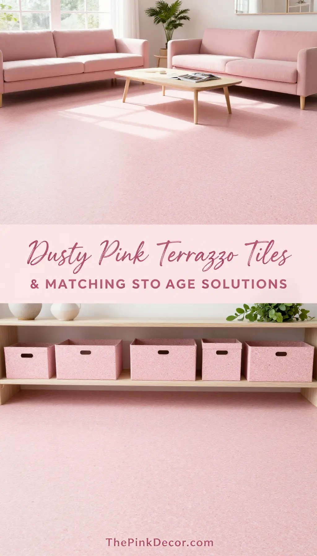 Dusty Pink Terrazzo Floor Tiles and Matching Storage Bins - Laundry Room - The Pink Decor