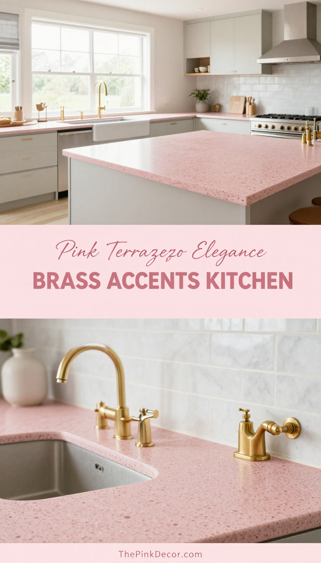 Dusty Pink Terrazzo Kitchen Countertops with Brass Fixtures - Kitchen - The Pink Decor