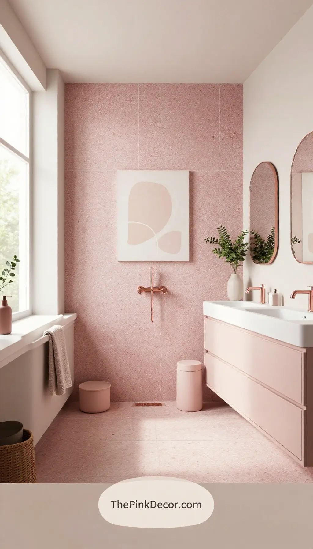 Complete Bathroom with dusty pink terrazzo tile accent wall and brass fixtures