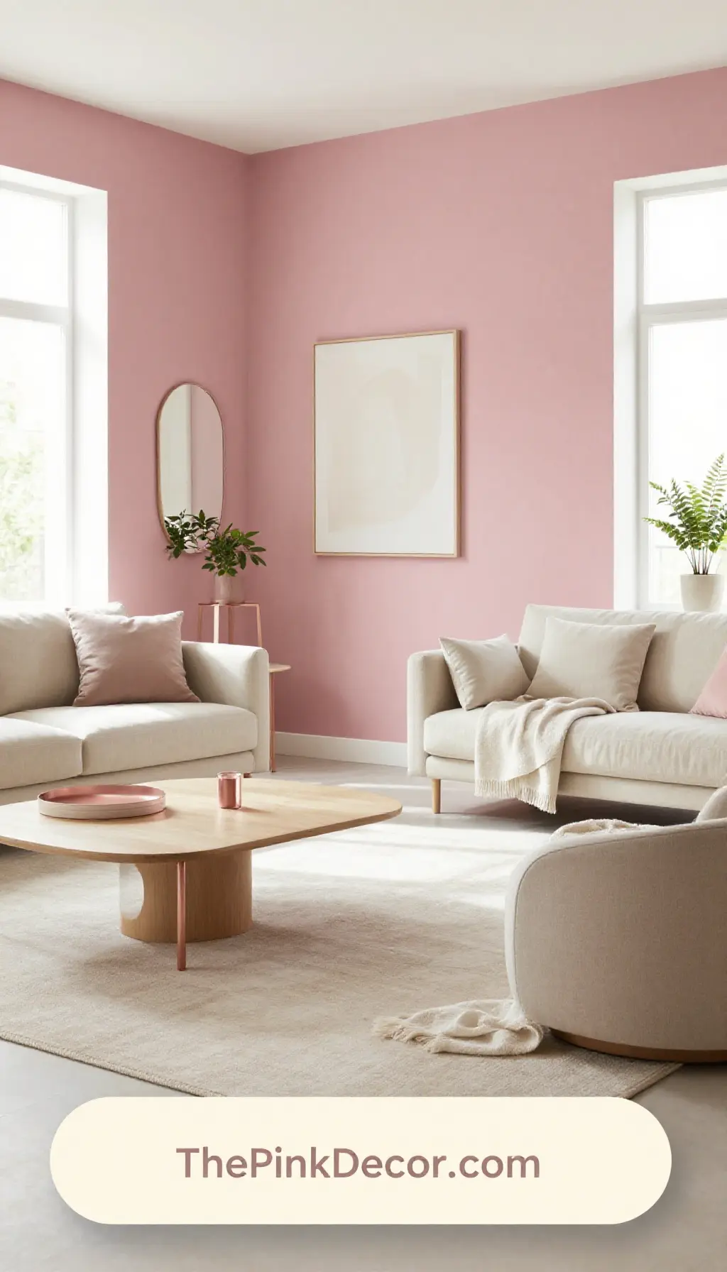 dusty pink textured accent wall decor for a modern living room setup - Complete View Complete Living Room with pink decor elements