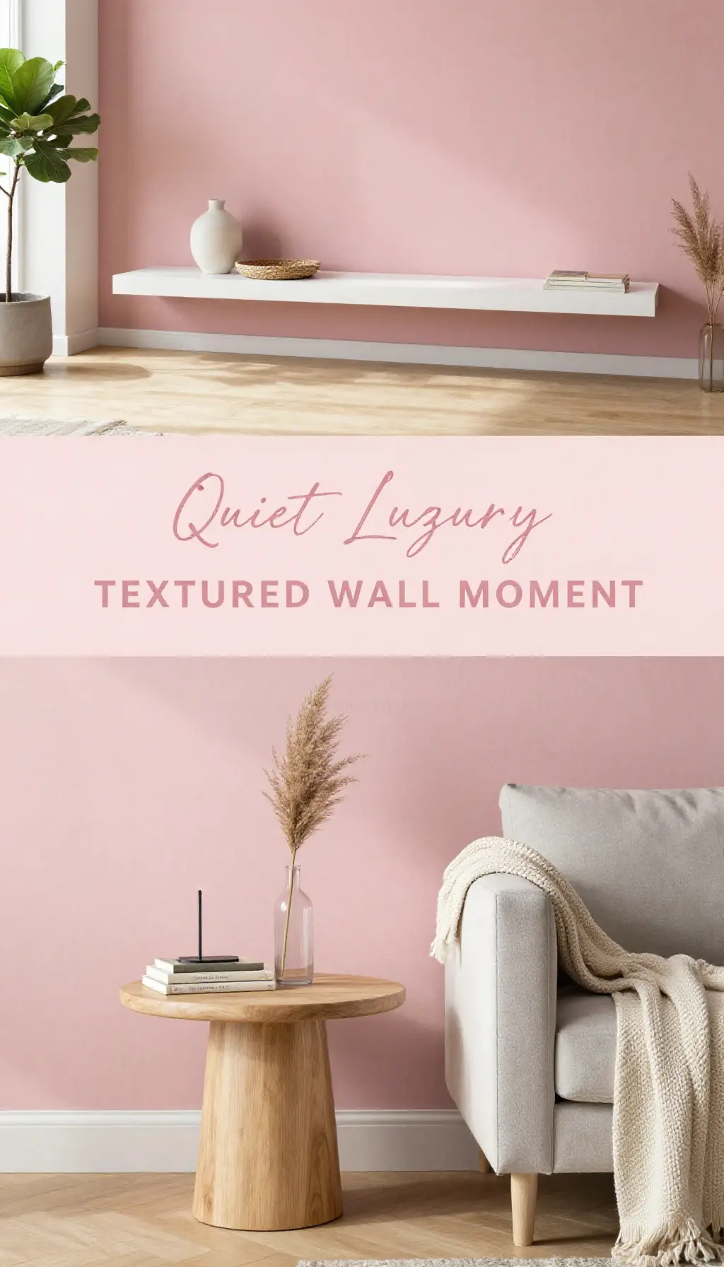 dusty pink textured accent wall decor for a modern living room setup - Featured Design Dusty Pink Textured Accent Wall with Minimalist Decor - Living Room - The Pink Decor