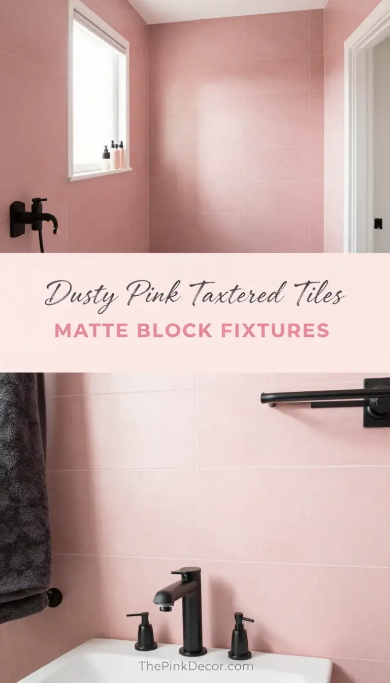 Dusty Pink Textured Wall Tiles with Matte Black Fixtures - Bathroom - The Pink Decor