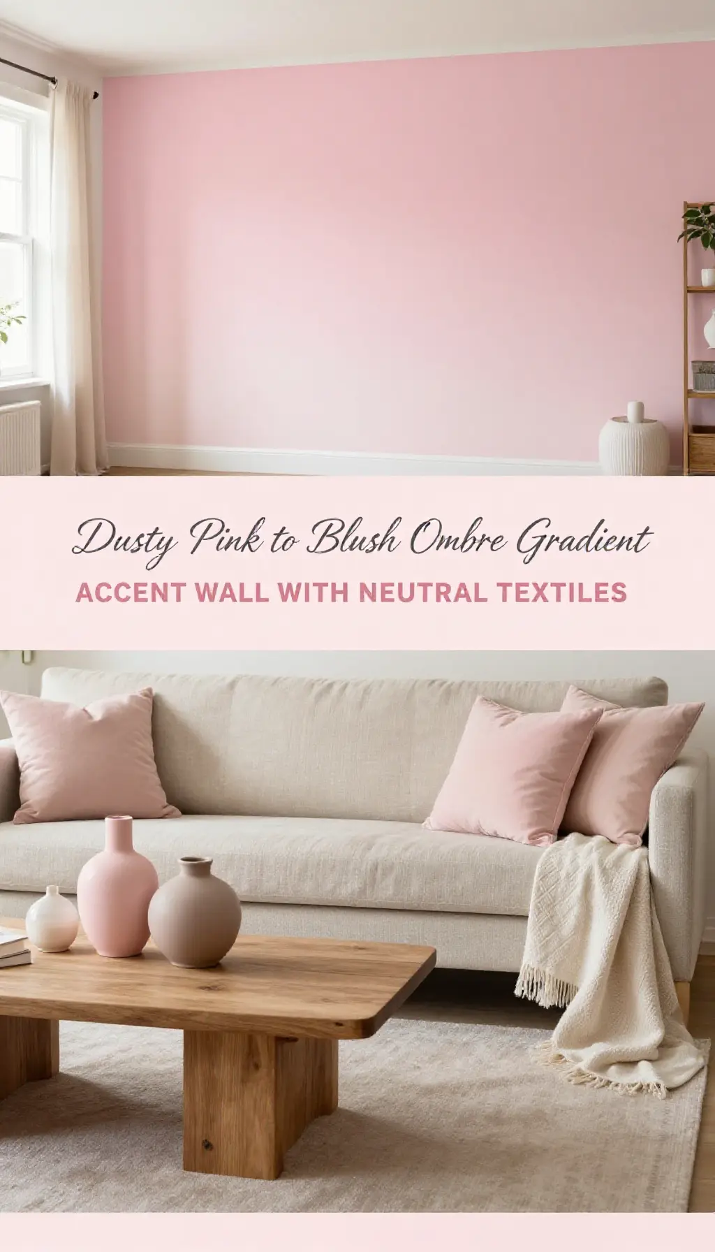 modern dusty pink to blush ombre gradient accent wall decor for bedroom - Featured Design Dusty Pink to Blush Ombre Gradient Accent Wall with Neutral Textiles - Bedroom - The Pink Decor