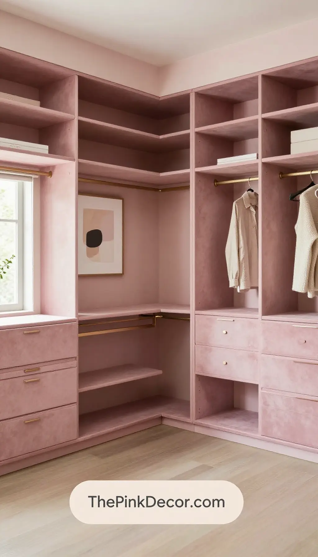 Complete Closet with pink velvet hangers, shelving, and storage baskets for modern organization