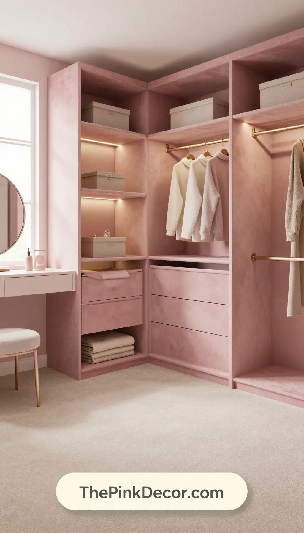 aesthetic pink decor for closet with dusty pink velvet organizers - Complete View Complete Closet with pink decor elements