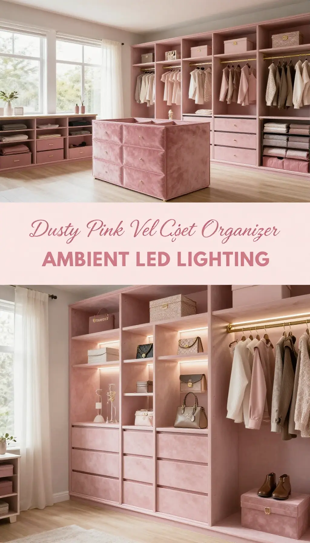 aesthetic pink decor for closet with dusty pink velvet organizers - Featured Design Dusty Pink Velvet Closet Organizer with Ambient LED Lighting - Closet - The Pink Decor