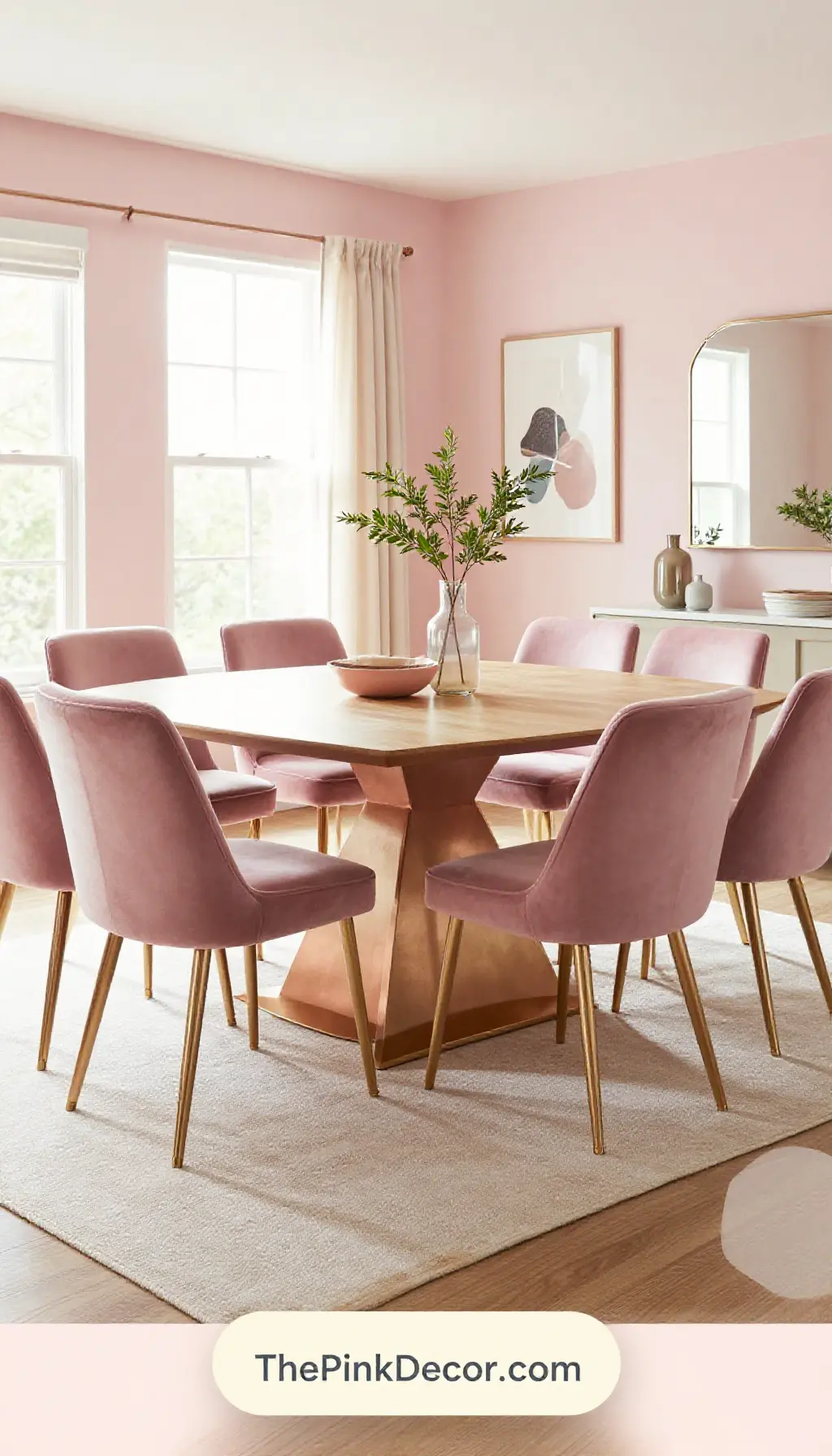 luxurious dusty pink velvet dining chairs with pink decor ideas for modern homes - Complete View Complete Dining Room with pink decor elements