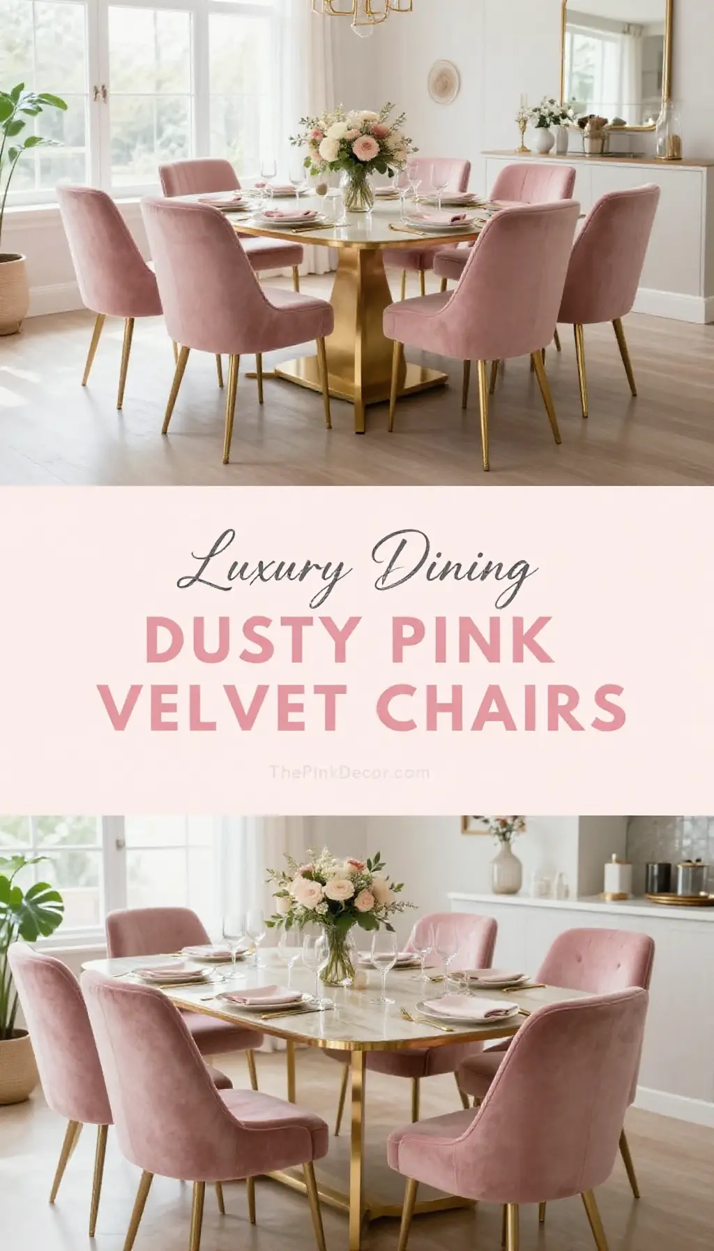 luxurious dusty pink velvet dining chairs with pink decor ideas for modern homes - Featured Design Dusty Pink Velvet Dining Chairs with Brass Legs - Dining Room - The Pink Decor