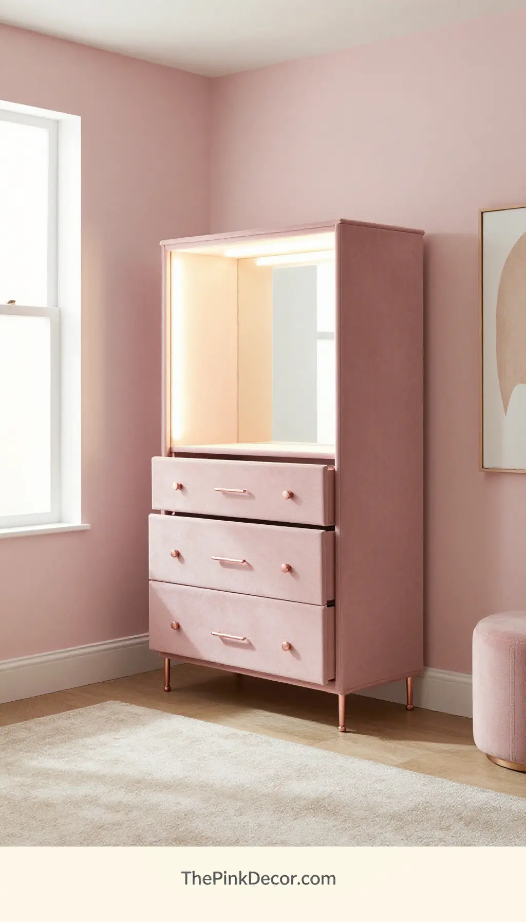 aesthetic dusty pink velvet dressing room storage with modern LED lighting accents - Complete View Complete Dressing Room with pink decor elements