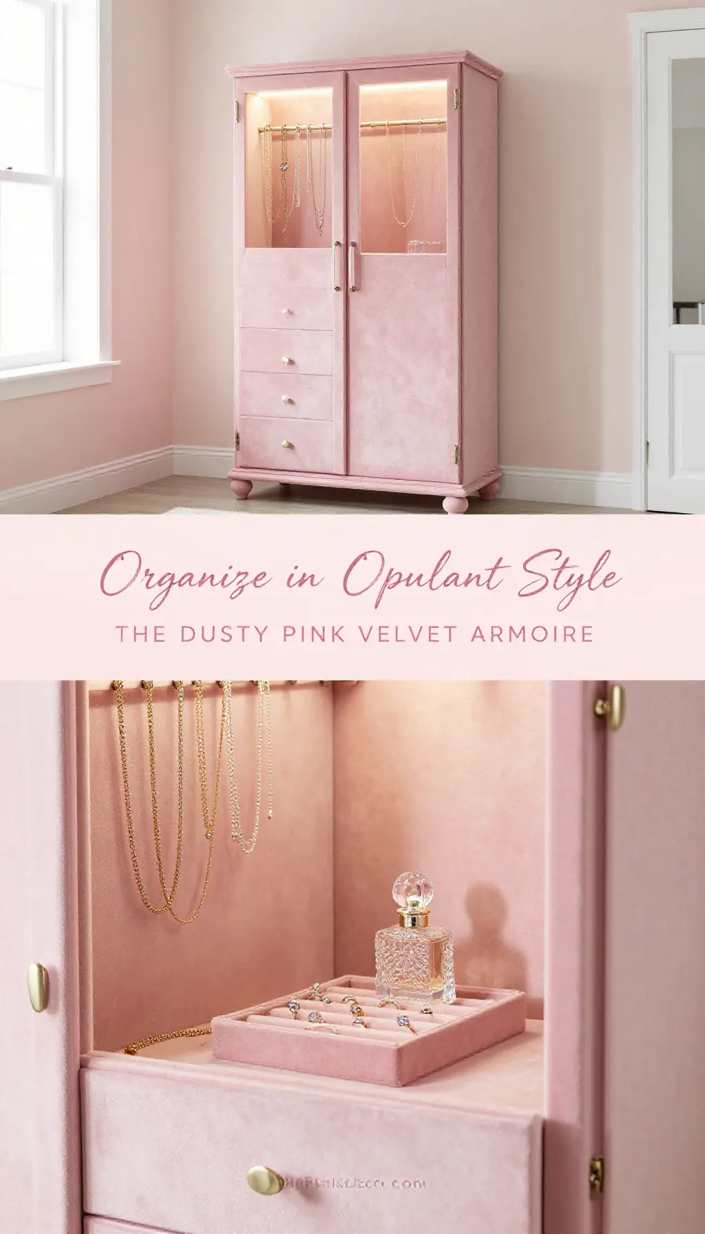 aesthetic dusty pink velvet dressing room storage with modern LED lighting accents - Featured Design Dusty Pink Velvet Jewelry Armoire with Integrated LED Lighting - Dressing Room - The Pink Decor