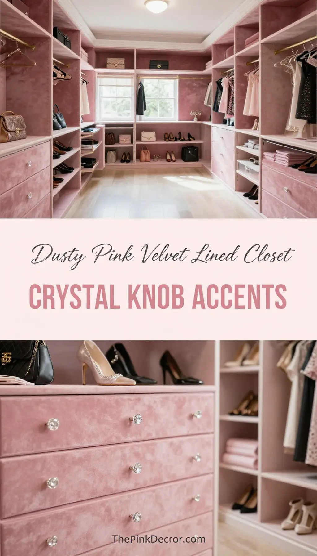Dusty Pink Velvet Lined Closet with Crystal Knob Accents - Closet - The Pink Decor