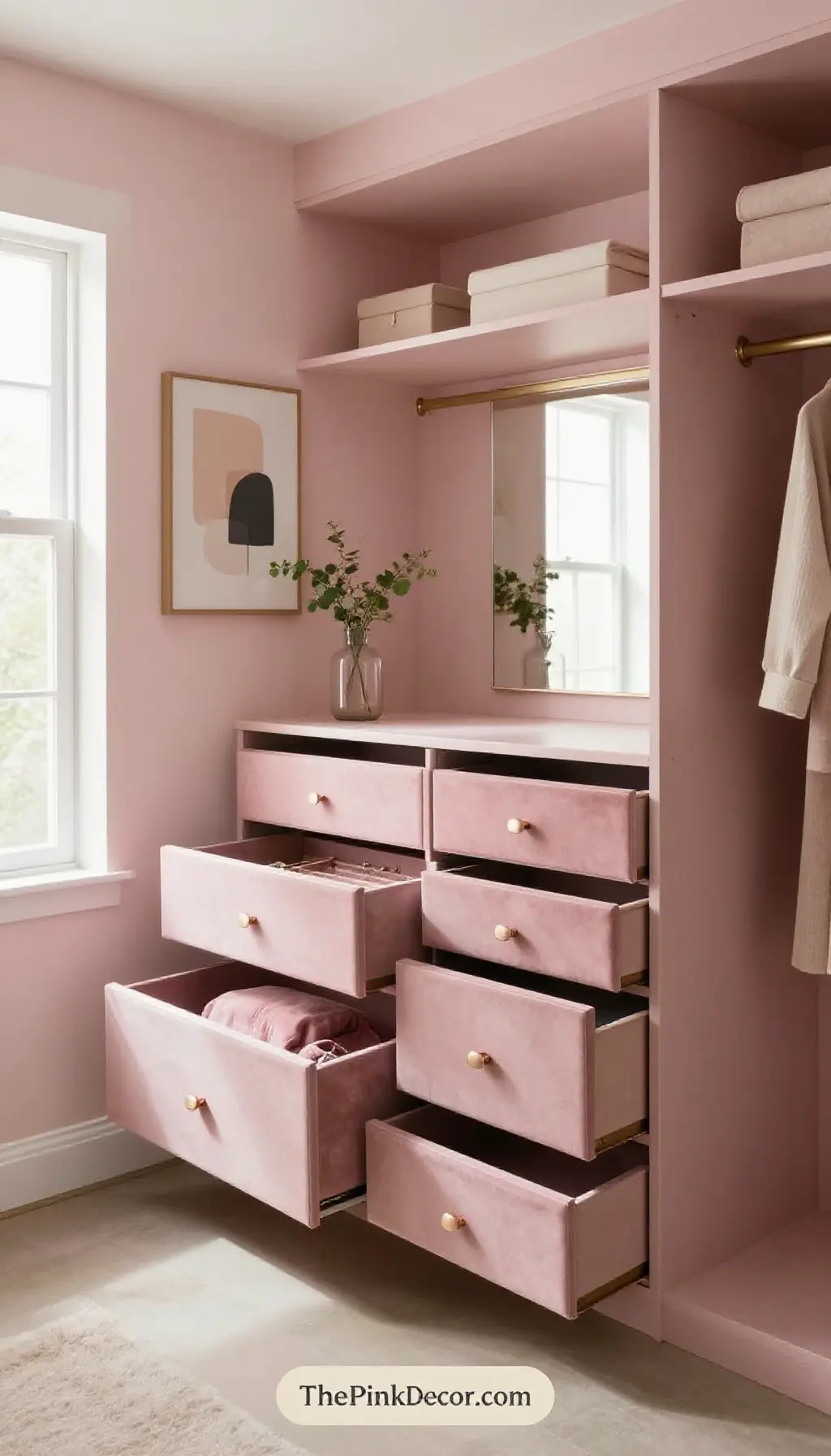 Complete organized closet with dusty pink velvet drawer inserts