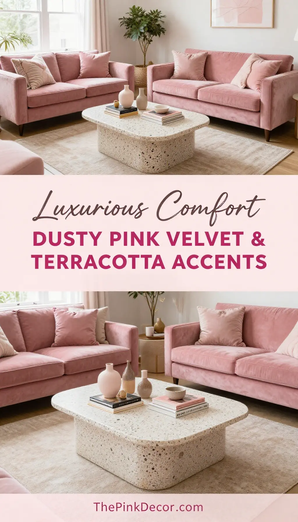 Dusty Pink Velvet Sofa and Terrazzo Coffee Table Setup - Living Room - The Pink Decor