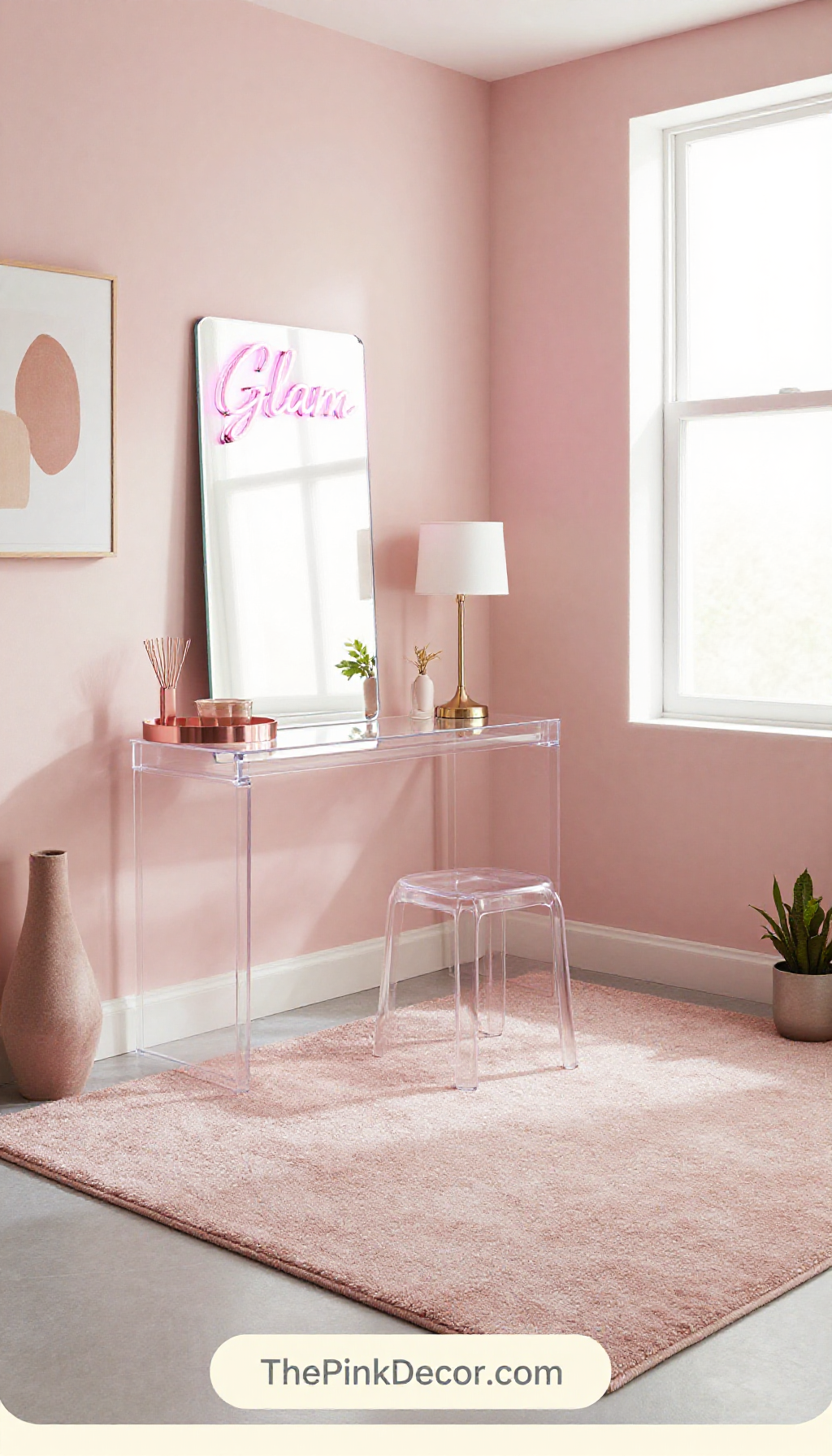 Complete Instagram worthy pink dressing room with dusty rose walls, acrylic furniture, and neon signage