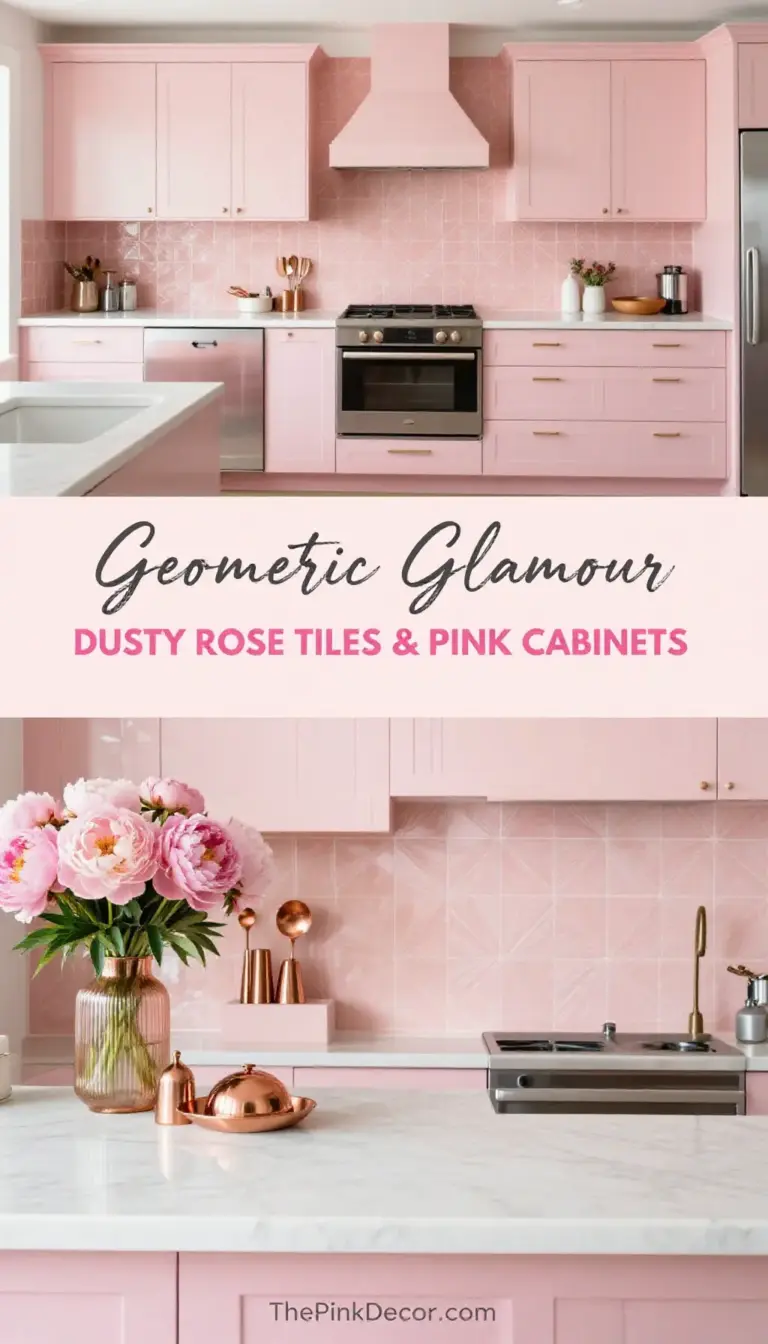 Dusty Rose Geometric Tile Backsplash with Millennial Pink Cabinetry - Laundry Room - The Pink Decor