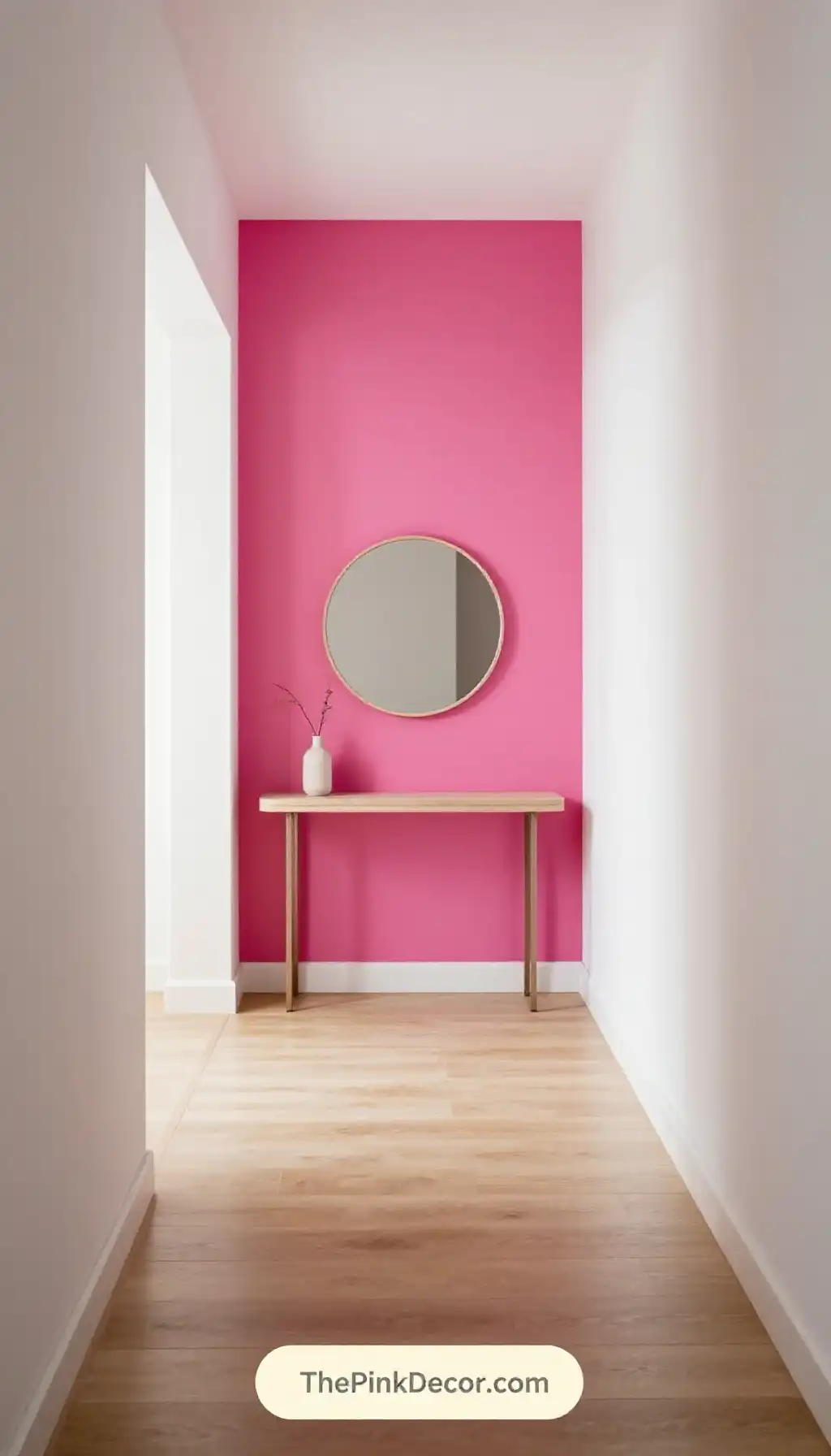 Complete Entryway with pink decor elements including a hot pink accent wall, minimalist console, round mirror, and plant
