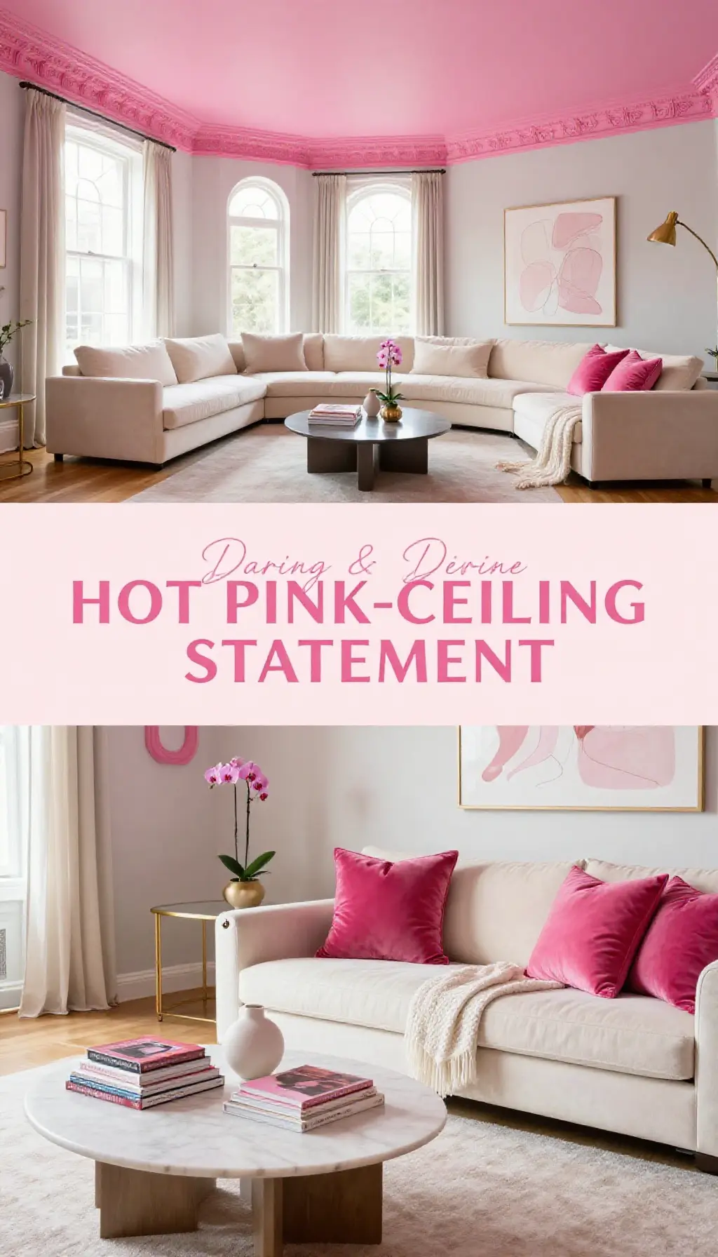unique hot pink ceiling decor ideas for modern living room aesthetics - Featured Design Hot Pink Statement Ceiling Living Room Design - Living Room - The Pink Decor