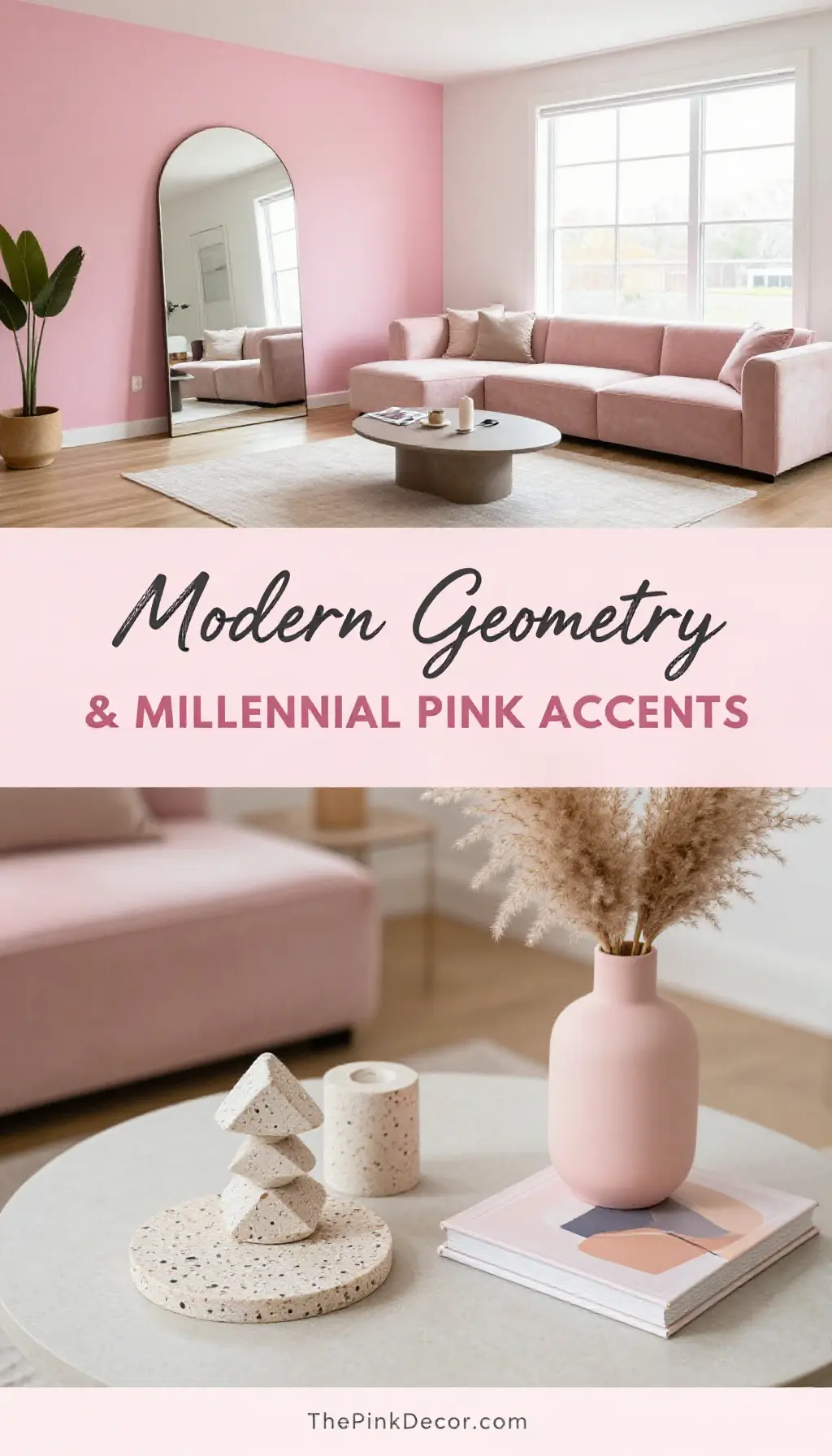 Millennial Pink Accent Wall with Geometric Decor Living Room - Living Room - The Pink Decor