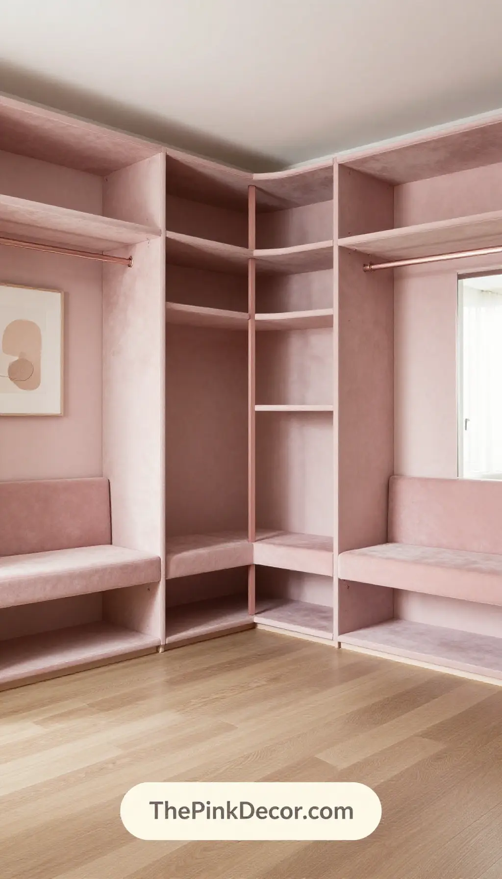 millennial pink and blush velvet closet organization system for aesthetic bedroom decor - Complete View Complete Closet with pink decor elements